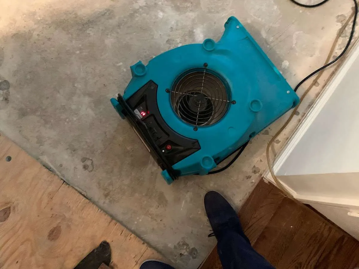 Air mover drying subfloor during Leak Detection & Repair in Blackstone